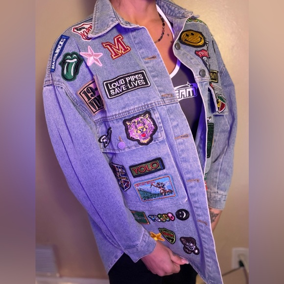 Jackets & Blazers - Baggy Patchwork Light Wash Denim Jean Y2K Jacket with Colorful Patches
